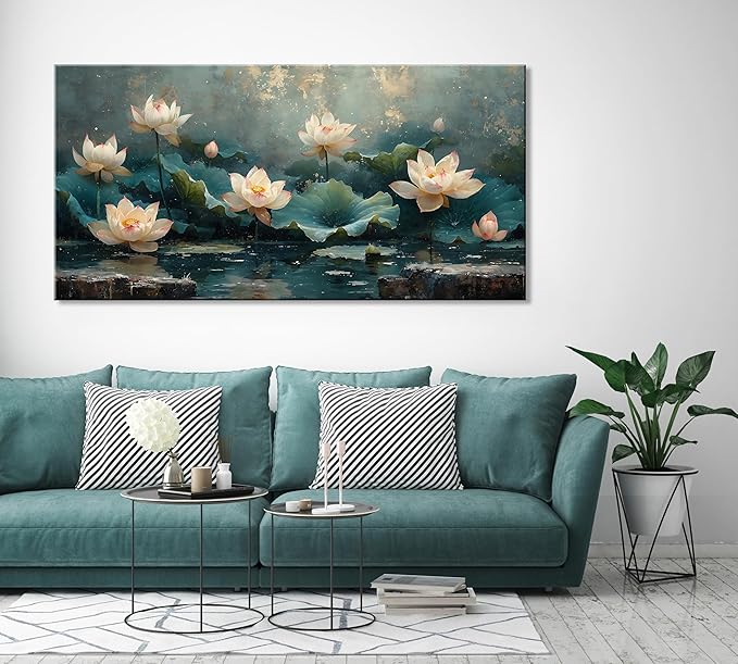 ZESTFLICKR Wall art of lotus pond, canvas decoration, used for religious yoga rooms and cicada-themed spaces, home and living room decoration, gifts, hand-painted works, masterpieces. (23x46inch)