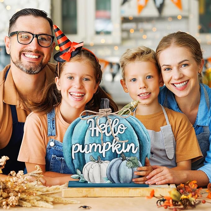 Soaoo Fall Decoration Wooden Fall Hello Pumpkin Sign Autumn Pumpkin Table Decor 11 Inch Wooden Autumn Desktop Ornament for Farmhouse Home Living Room Harvest Day Thanksgiving Decor(Blue)