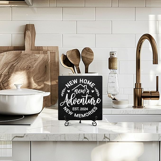Housewarming Gifts, New Home New Adventure Memories Welcome Home Decorations, Best Gift Ideas for Family Couple, 5 x 5 Inches Living Room Bedroom Kitchen Bathroom Decor-070