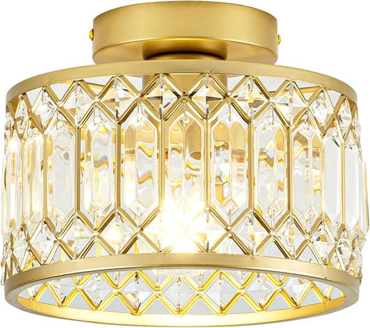 Crystal Ceiling Light, Modern Semi Flush Mount Ceiling Light, Gold Crystal Chandelier for Kitchen Bedroom Bathroom Entryway (Bulb not Included)
