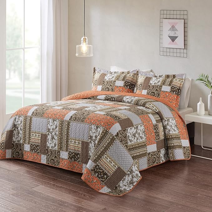 VAPUTAR Quilts Queen Size - Fall Cotton Quilt Set Quilted Bedspread Coverlet Lightweighet Bedding Set with Shams for All Season, 3 Piece Boho Patchwork Quitled Bedspread Queen Size (Dream Orange)