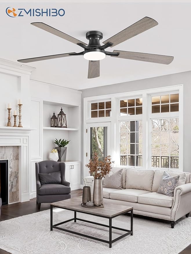 ZMISHIBO 60 Inch Ceiling Fan with Light, App&Remote Control, Flush Mount Low Profile, Dimmable 20W LED Light, Quiet Reversible Motor for Bedroom, Living Room, Apartment, Black