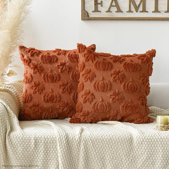 AVOIN colorlife Fall Pumpkin Maple Leaves Caramel Throw Pillow Covers, 20 x 20 Inch Seasonal Autumn Thanksgiving Harvest Soft Plush Faux Fur Jacquard Cushion Case Decoration for Sofa Set of 2