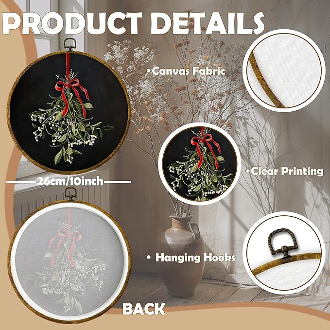CUANFDDSF Vintage Christmas Mistletoe Round Wall Art Decor, Xmas Holiday Red Bow Mistletoe Botanical Wall Hanging Frame Decor, Elegant Christmas Canvas Prints Decorations for Home Bedroom, 10x10 Inch