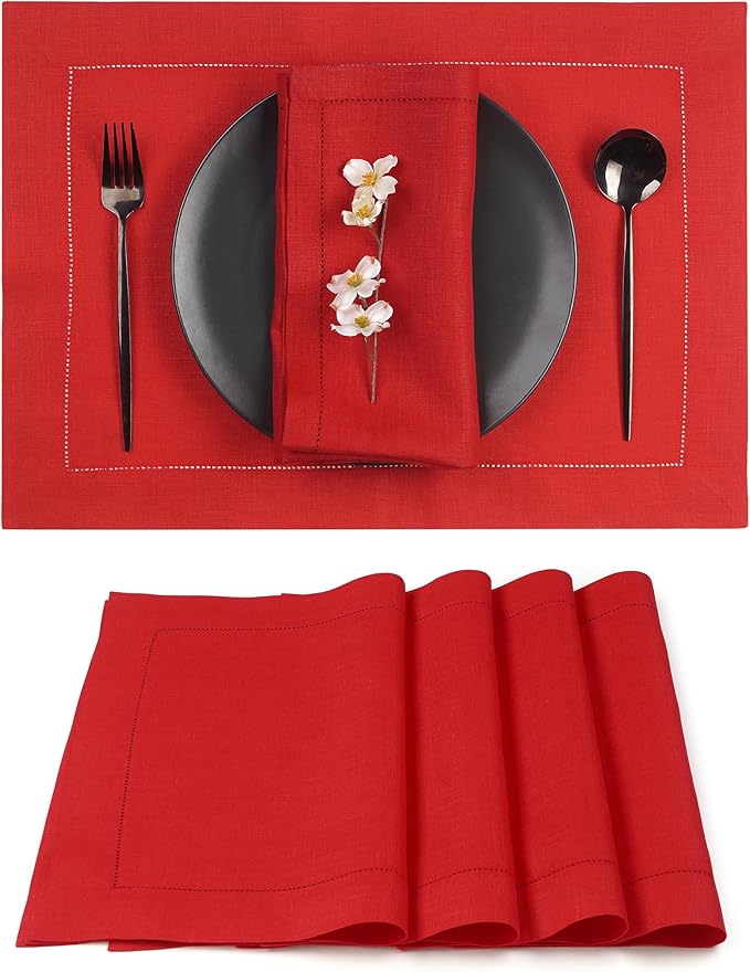 D'Moksha Homes Linen Placemats Set of 4 - Classic Hemstitch Bright Red Placemats 14 x 19 Inch - 100% Pure Linen Table Mats for Fall, Autumn and Halloween - Handcrafted and Machine Washable