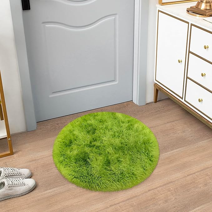Tie Dye Green Round Rugs Small 2x2 ft Fluffy Circle Rug Furry Carpet Shaggy Circular Fuzzy Plush Area Rug for Girls Bedroom Kids Room Nursery Cute Room Decor Chair Cushion Pet mat Doormat