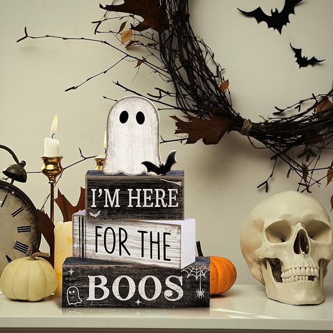 4 Pcs Halloween Table Decoration Wooden Ghost Tiered Tray Decor Rustic Wood Bat Ghost Block Signs Halloween Centerpiece Farmhouse for Home Tabletop Kitchen Shelf and Party Gift