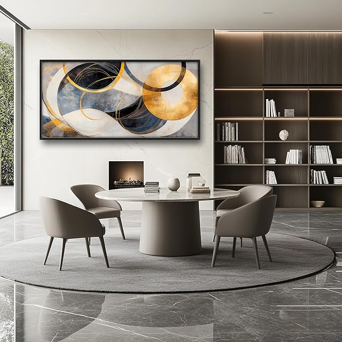 Large Abstract Wall Art for Living Room, Oversized Abstract Circle Wall Decor, Black and Golden Abstract Canvas Painting Modern Artwork Home Decoration for Living Room Bedroom Office Framed 60"x30"
