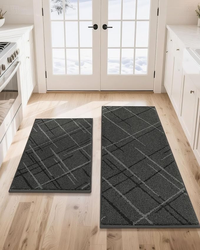 COSY HOMEER Kitchen Mats, 2 PCS Kitchen Rug Non Slip Washable, Absorbent Runner Rugs for Kitchen Floor, Polyester Kitchen Sink Rug 20"x32" + 20"x48"(Grey)