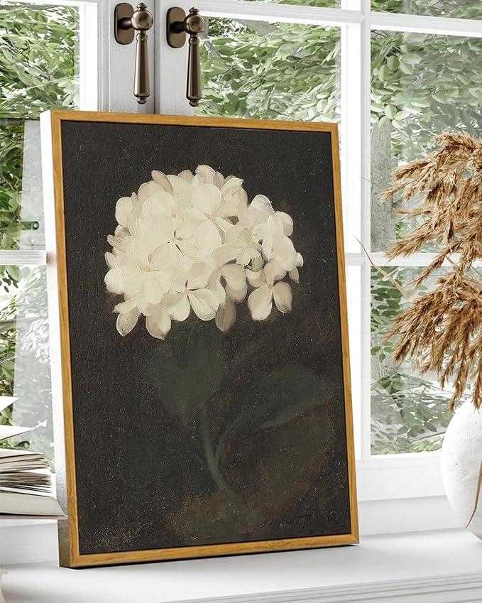 KBKBART Framed Wall Art Vintage Wall Art Room Decor, White Hydrangea Still Life Flower Canvas Oil Painting Prints, Classical Floral Wall Decor, Bedroom Bathroom Pictures Artwork(12“x16