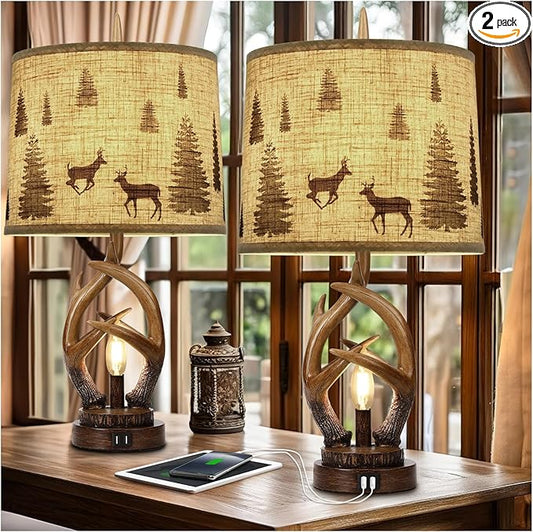 Scenekoy Rustic Farmhouse Antlers Table Lamp Set of 2 with Nightlight Dual USB Ports Linen Fabric Round Shade Bedside Lamp Decor for Living Room Bedroom Office House