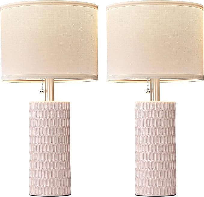 Table Lamps for Living Room Set of 2, Ceramic Table Lamps for Bedroom, 20" Modern Lamps for Night Stands, Pink