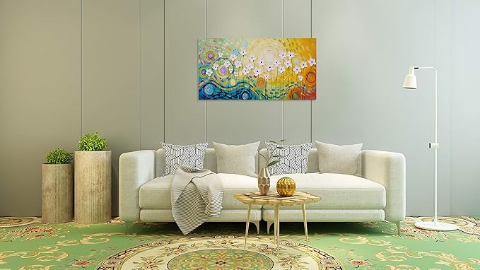 Yihui Arts White Flower Canvas Wall Art Hand Painted 3D Colorful Oil Painting Modern Aestheric Pictures for Living Room Bedroom Dinning Decoration