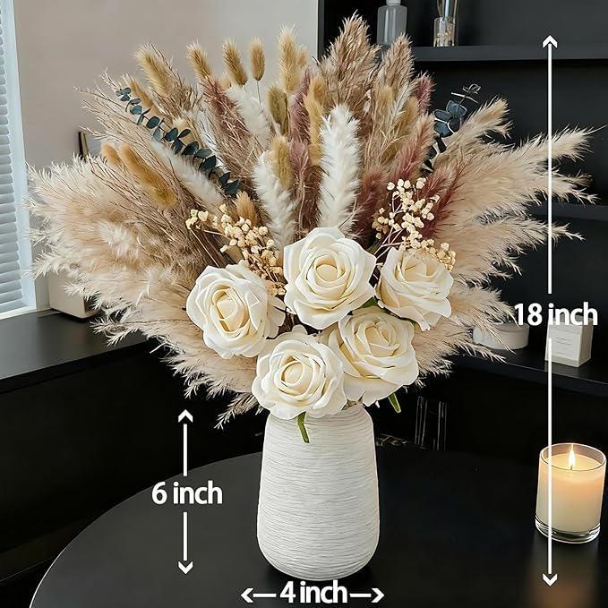 100pcs Artificial Flowers Arrangement With Ceramic Vase Included, Fake Flowers in Vase, Table Centerpiece Decorations, Boho Natural Dried Pampas Grass, Dining Table, Coffee Table, Living Room Decor