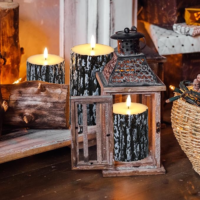 Eywamage Black Pine Bark Flameless LED Candles with Remote, Farmhouse Flickering Wood Pillar Candles Set of 3