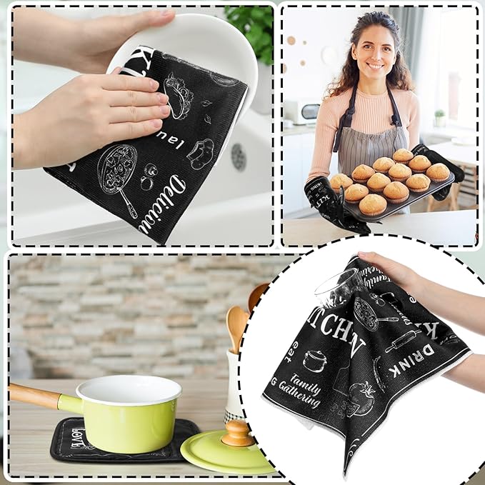 10 Pcs Farmhouse Kitchen Decor Sets, 4 Kitchen Dish Towels 2 Pot Holders 2 Oven Mitts Glove Rustic Black Non Slip Rugs and Mats for Floor Home Decorations Accessories Christmas Mom Gifts