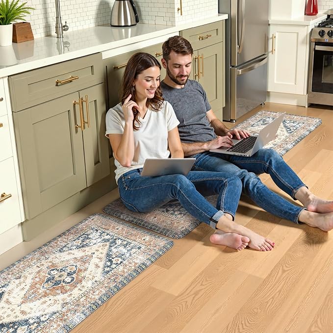 KIMODE Anti Fatigue Kitchen Mats for Floor, Boho Kitchen Rugs Sets of 2, Non Slip Waterproof Kitchen Floor Mat, Ergonomic Cushioned Standing Mat for Sink Laundry Desk Blue Glod 20"x59"+20"x32"