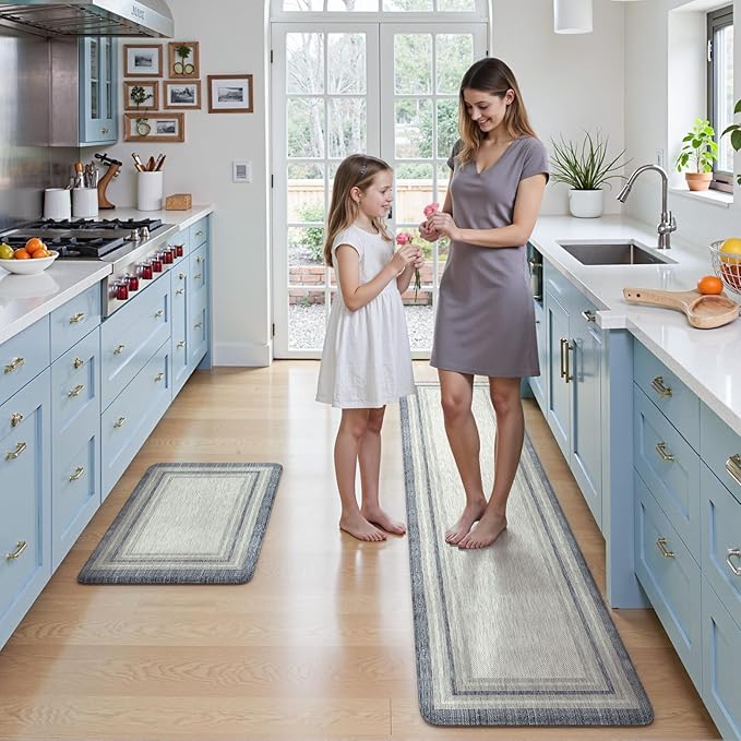 KIMODE Anti Fatigue Kitchen Mats for Floor, Blue Grey Farmhouse Kitchen Rugs Sets of 2, Padded Kitchen Floor Mats Non Slip, Cushioned Standing Mats for Front of Sink Laundry Desk 20"x71"+20"x32"