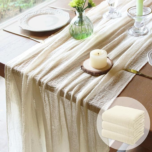 FEXIA 3 Pack Beige Table Runner 30x118 Inches Ivory Cheesecloth Rustic Boho Gauze for Wedding Baby Shower Bridal Shower First Communion Home Decorations