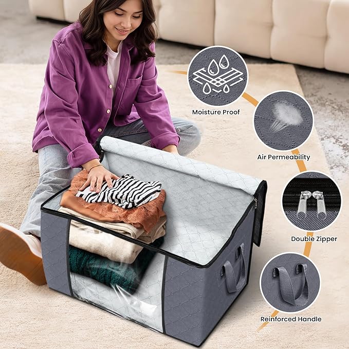Fab totes 90L Clothes Storage, Foldable Thick Fabric Blanket Storage Bags, Containers for Organizing Bedroom, Closet, Clothing, Comforter, Organization with Handle (8 Pack,Grey)