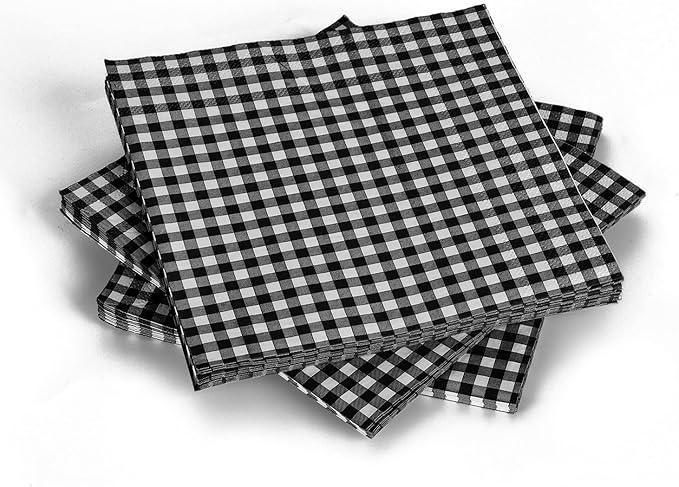 Gatherfun Disposable Paper Napkins Black and White Gingham for Dinner Picnic and Parties (Pack of 50)