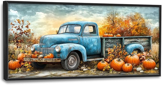 Olivine Fall Large Wall Art, Pumpkin Pictures Wall Decor, Truck Painting, Country Autumn Canvas Prints, Framed Artwork for Dining Room Living Room Bedroom Bathroom Office Home Decor 60"x30"