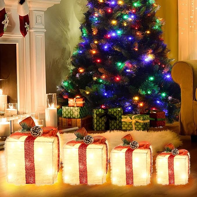 Christmas Lighted Gift Boxes Decorations Set of 4, 3.6Ft Stackable Christmas Nesting Boxes Battery Operated for Home and Party Decoration (10"-8"-6"-5", Red Bow)