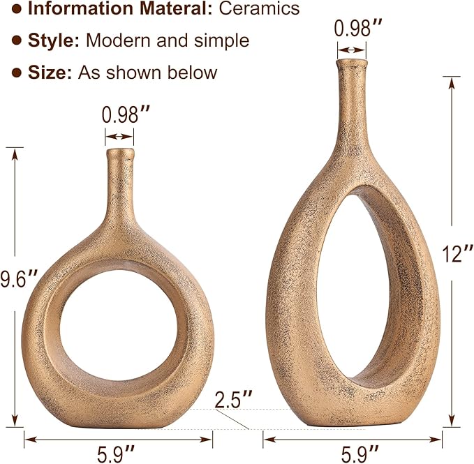 Gold Ceramic Hollow Elliptical Vase Set of 2 - Boho Circle Vase with Hole, for Modern Gold Table Decor, Living Room Decor Shelf mid Century Modern Home Entrance Decorative vase