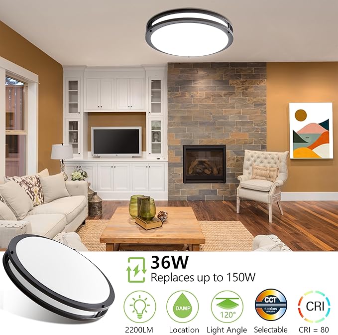 16 inch Dimmable LED Flush Mount Ceiling Light, Oil Rubbed Bronze, 36W, 2200LM, 2.7/3/3.5/4K/5K Adjustbale, 120°Light Angle, CRI80, Ceiling Lamp for Bedroom, Kitchen, Office, Garage, ETL Listed