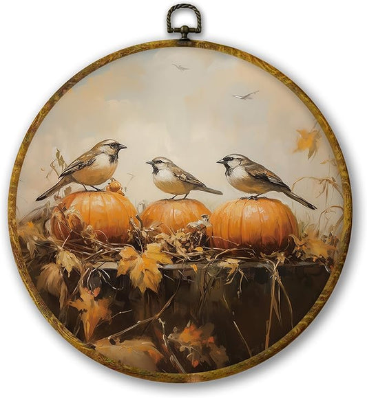 Mcehtle Rustic Fall Bird Pumpkin Wall Art Decor, Autumn Maple Leaf Sparrow Bird Framed Canvas Prints 10x10, Thanksgiving Halloween Farmhouse Round Wall Hanging Artwork Decorations for Home Bedroom