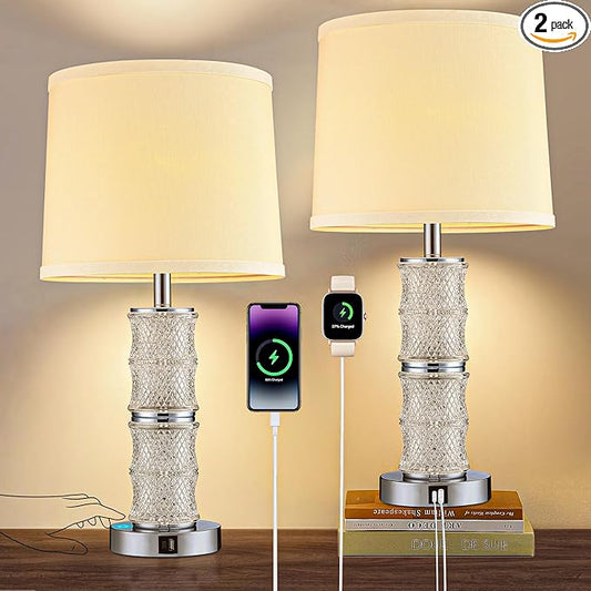 GRUENLICH Crystal Bedside Lamps Set of 2, Chrome Nightstand Bedroom Light with Touch Control, 3-Way Dimmable Table Lamps, USB C+A Charging Ports for Living Room and End Tables