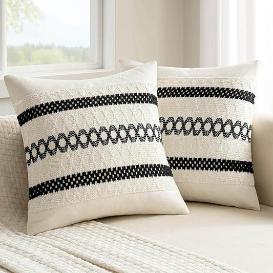 MIULEE Set of 2 Black Boho Decorative Pillow Covers 18x18 Inch Farmhouse Rustic Couch Throw Pillows Modern Spring Cotton Cushion Covers Retro Cute Macrame Woven Home Decor for Bed Sofa Chair