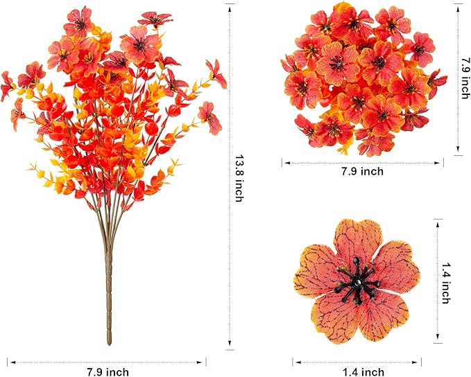 Artificial Fall Flowers Faux Mums for Outdoor Indoor Garden Home Decoration, Faux Flower Daisy with Eucalyptus Leaves Fake Plants Greenery Boxwood Porch Patio, 12 Bundles (Sunset)