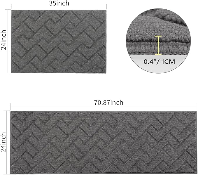 hicorfe Kitchen Rugs and Mats Sets,2 Pieces Super Absorbent Polypropylene Non-Slip Rug,Soft Comfort Floor Mat,Washable for Kitchen,Hallway,Office,Sink,Laundry(24" x 35"+24" x 71",Grey)