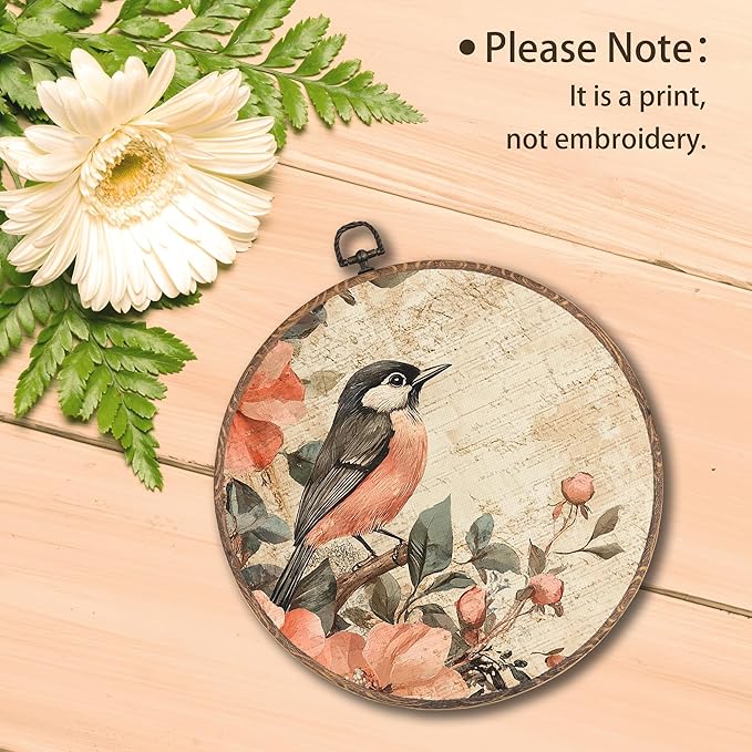 Tzhim Vintage Floral Sparrow Bird Round Wall Art, Rustic Pink Rose Bird Round Wall Decor Framed, Cottagecore Farmhouse Canvas Walls Sculptures for Home Room Decor, 10x10 Inch