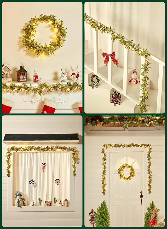 Brightown Pre-lit Christmas Garland with Lights, Battery Operated, 6Ft 20 LED Lighted Olive Greenery Garland Decorated with Snowflakes, Indoor Outdoor Christmas Lights for Mantle Stairs Wall, 2 Pack
