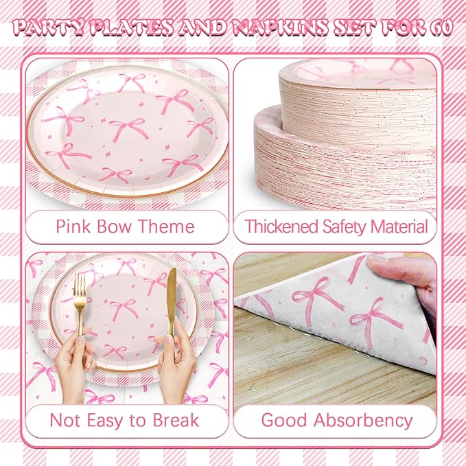 180Pcs Pink Bow Party Supplies Paper Plates and Napkins Serve 60 Disposable Tableware Set for Birthday Party Decorations Game Day Family School Holiday Sports Events