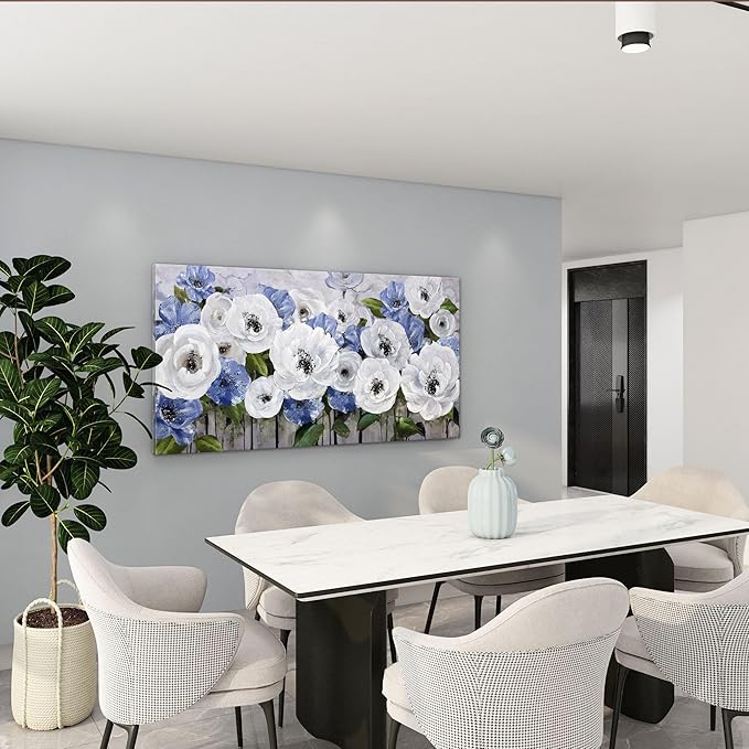 Floral Wall Art for Living Room- Large Canvas Paintings with Floral Wall Picture - Flower Wall Decor in Blue & White, Textured Artwork - Landscape Wall Art & Pictures for Bedroom and Home Decor