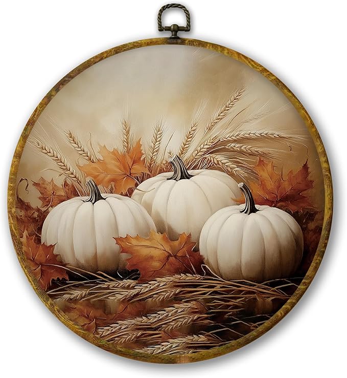 Mcehtle Rustic Fall White Pumpkin Wall Art Decor, Rustic Autumn Pumpkin Maple Leaf Framed Canvas Prints 10x10, Farmhouse Fall Round Wall Hanging Artwork Decorations for Bedroom Living Room Home