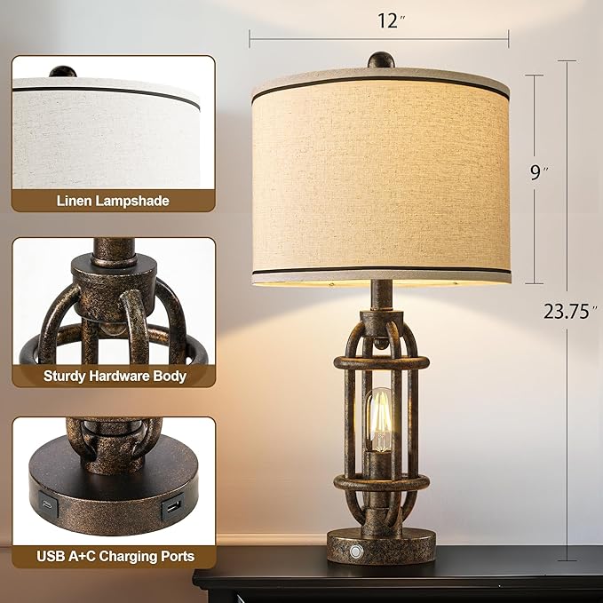 23.75'' Table Lamps Set of 2 for Living Room Bedroom Industrial Farmhouse Metal Touch Lamps with USB A+C Ports, Night Light Vintage Nightstand Bedside Lamp, Bulbs Included, Bronze