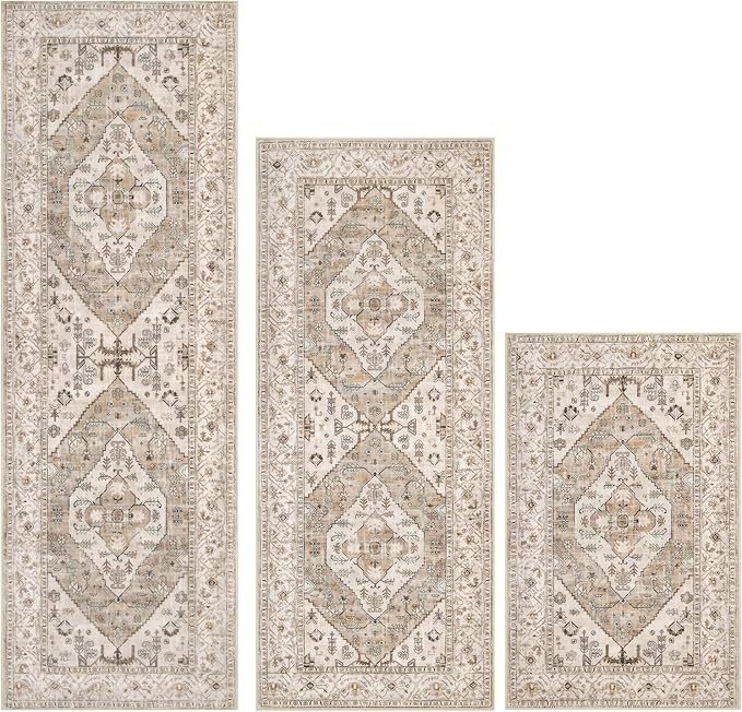 Pauwer Kitchen Mats for Floor 3 Piece Set Boho Non Slip Kitchen Rugs Washable Farmhouse Kitchen Floor Mats Thick Long Kitchen Throw Area Rug Carpet Runner for Hallway Laundry Bathroom, Brown Beige