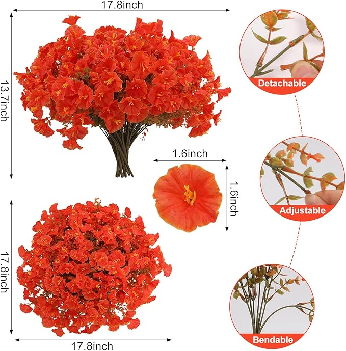 Geegoods Artificial Fall Flowers Outdoor – 16 Bundles Morning Glory with Eucalyptus, UV Resistant Faux Plants for Porch, Patio, Front Door & Garden Planter Boxes | Lifelike Autumn Decoration