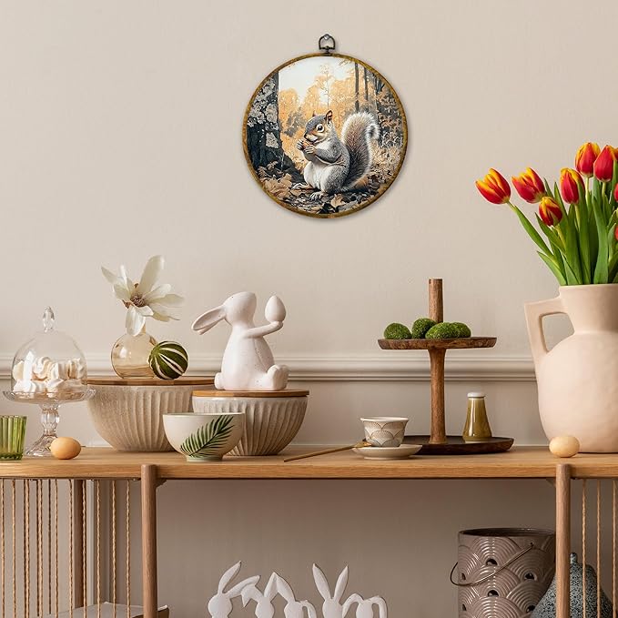 Mcehtle Vintage Fall Squirrel Wall Art Decor, Rustic Autumn Nature Forest Squirrel Framed Canvas Prints 10x10, Fall Wild Animal Farmhouse Round Wall Hanging Artwork Decorations for Home Bedroom