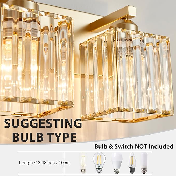 Bathroom Vanity Light Fixtures Over Mirror - Makeup Lighting Pure Gold - for Modern Wall, Bath, Desk, Farmhouse, Hallway 4 Crystal Lights