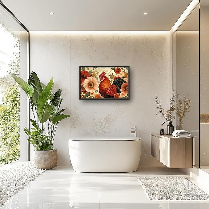 Lovira Farmhouse Rooster Large Wall Art Rustic Country Farm Chicken Floral Canvas Wall Decor Pictures Prints Painting Framed Artwork for Living Room Bedroom Bathroom Kitchen 24"x36"