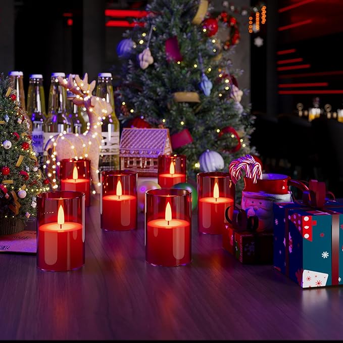 12Pack Flickering Flameless LED Candles with Timer, Battery Powered - Small Pillar & Votive, Red (2"X3")