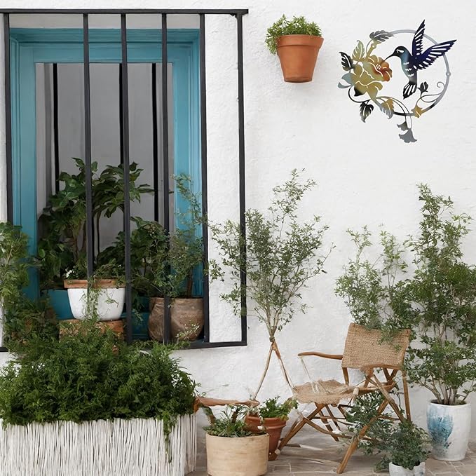 Zoihet Round Metal Bird Wall Art Decor - Hummingbird Wall Art Silhouette for your patio, garden, and fence Art Decor, Bird Wall Silhouette Indoor and Outdoor Hanging (Yellow)