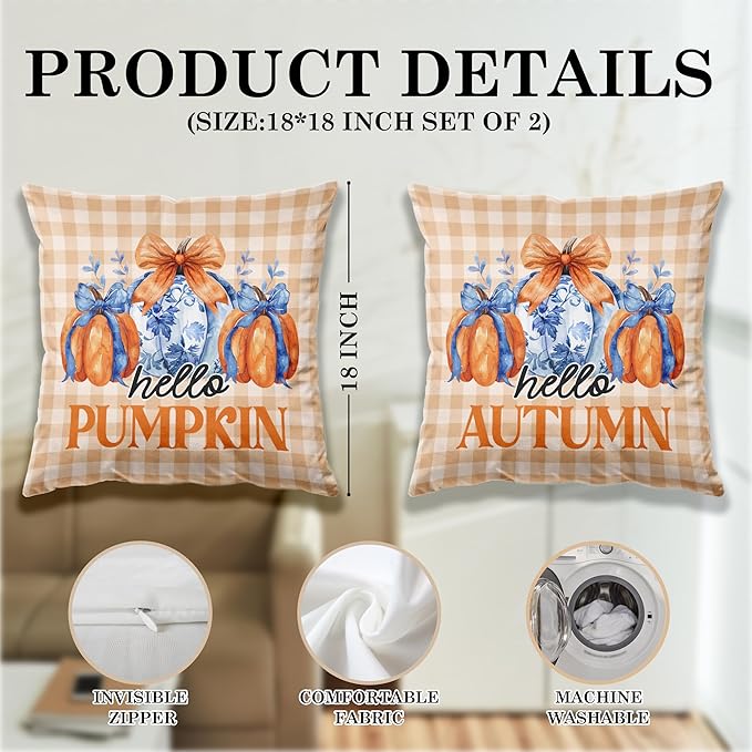 Chinoiserie Fall Pumpkin Pillow Covers 18x18 Set of 2,Autumn Decor,Blue and White Orange Chinoiserie Pumpkin Decorative Throw Pillow Covers for Home Bedroom Living Room