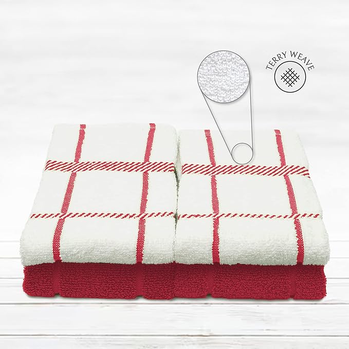 100% Cotton Terry Dish Cloth & Dish Towel (RED, Dish Towel - 4 Pack)