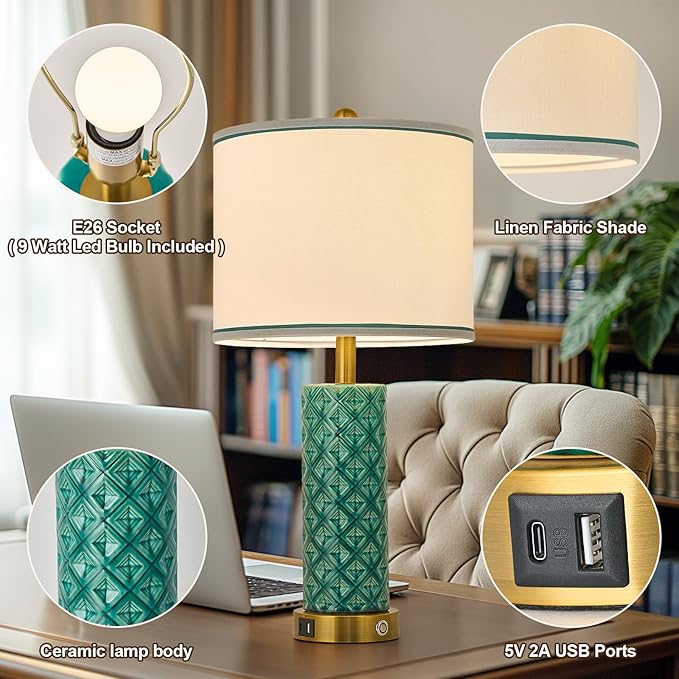 Set of 2 Table Lamp for Living Room Bedroom Farmhouse,26'' Touch Control Bedroom Turquoise Ceramic Lamps 3-Way Dimmable Bedside Lamps with USB A+C Ports Linen Shade for Home